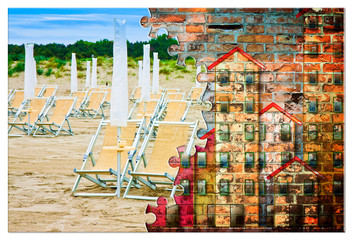 From the city to the beach holidays - concept image in jigsaw puzzle shape