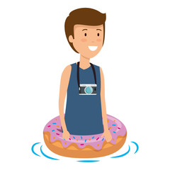 young man with swimsuit and float donut