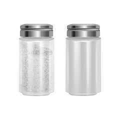 The Salt shaker. Baking and cooking ingredient. Realistic vector illustration. salt grinder, shaker or mill, side view, colorful illustration Food seasoning. Kitchen utensils