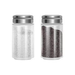 Set of Salt and pepper. Pair of transparent glass shaker with metal cap. Realistic Vector illustration isolated on white background.