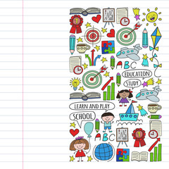Vector set of learning English language, children's drawing icons in doodle style. Painted, colorful, pictures on a piece of linear paper on white background