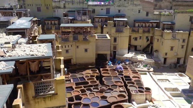 Panorama of traditional leather tannery Fez medina, Morocco