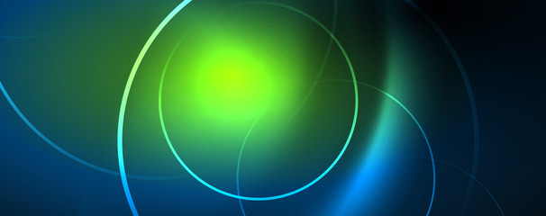 Trendy neon blue abstract design with waves and circles. Neon light glowing effect. Abstract digital background.