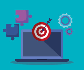 laptop technology and target with arrow and puzzles