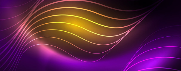 Shiny neon lights, dark abstract background with blurred magic neon light curved lines