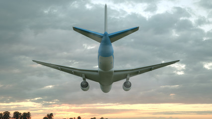 Commercial airplane landing at sunset. 3D illustration