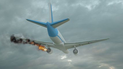 Commercial airplane with engine on fire, concept of aerial disaster. 3D illustration