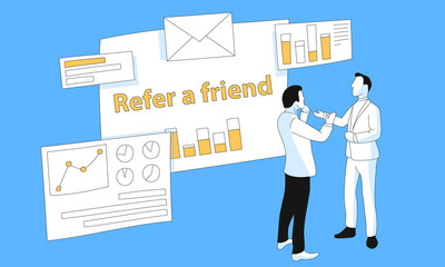 Business consultant refers a friend to use data analysis in his work. Two entrepreneurs discuss business analysis results. SEO and SMM team present data visualization of referal program effects.