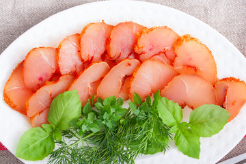 Homemade chicken breast basturma, top view, horizontal