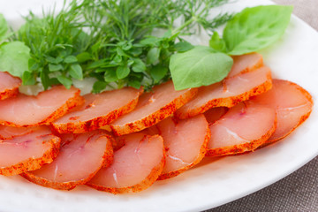 Homemade chicken breast basturma, top view, horizontal