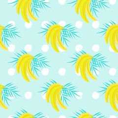Fototapeta na wymiar Vector seamless pattern with banana, tropical leaves and dots. Exotic food background. For restaurant or cafe menu cover, design banners, wrapping paper, print on clothes, wallpaper, web.