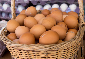 Background of fresh domestic eggs. Organic food