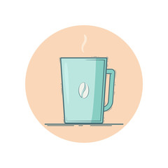 Vector icon of a mug with coffee bean on it. Isolated in circle. Flat design. Mint color.