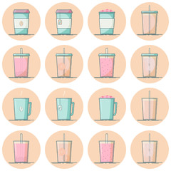 Vector set of beverage icons. Hot drinks - coffee, tea, cocoa, hot chocolate with marshmallow. Cold - lemonade, soda pop, smoothie, bubble tea, ice tea. Isolated in circle. Mint and pink colors.