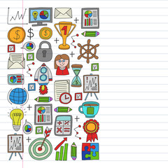 Vector set of bussines icons in doodle style. colorful on a piece of paper in line.