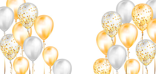 Flying glossy white and yellow shiny realistic 3D helium balloons with gold ribbon and glitter sparkles, perfect decoration for birthday party brochures, invitation card or baby shower