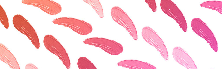 Lipstick strokes isolated on white background. Makeup smears in red, beige, coral, pink colors....