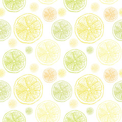 Lemon background. Hand drawn slices of lemons. Yellow sketch on white backdrop. Seamless wallpaper pattern.