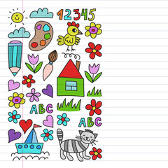 Kindergarten pattern, drawn kids garden elements pattern, doodle drawing, vector illustration, colorful, line.