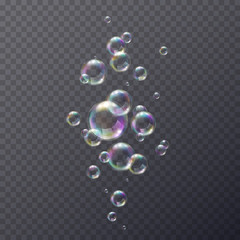 Soap bubble with rainbow colors isolated on transparent background. Realistic vector water foam elements set. Colorful iridescent balls or spheres template.