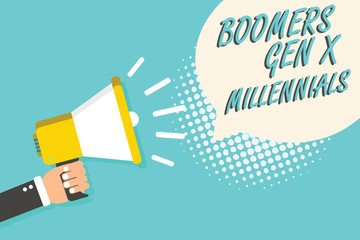 Word writing text Boomers Gen X Millennials. Business concept for generally considered to be about thirty years Man holding megaphone loudspeaker speech bubble blue background halftone