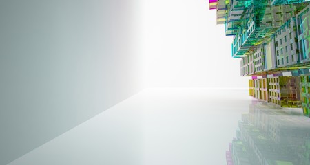 Abstract white and colored gradient glasses interior multilevel public space with window. 3D illustration and rendering.