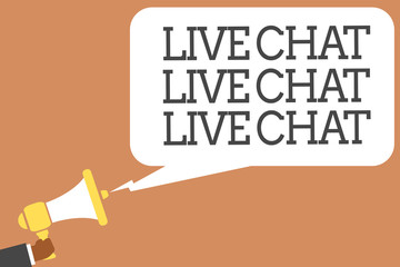 Conceptual hand writing showing Live Chat Live Chat Live Chat. Business photo showcasing talking with people friends relatives online Man holding megaphone speech bubble message speaking loud