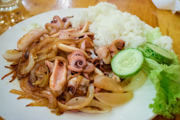 Fried seafood with boiled rice and green cucumber on white plate