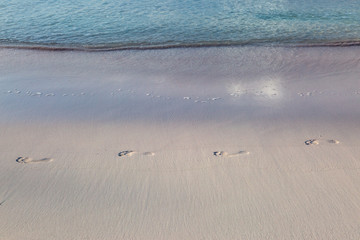 Waves lapping a beach with footprints in the sand