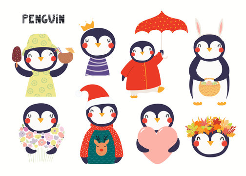 Set of cute penguin illustrations, princess, with flowers, Christmas, autumn, summer. Isolated objects on white background. Hand drawn vector. Scandinavian style flat design. Concept children print.