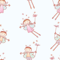 Seamless background of flying cheerful elves