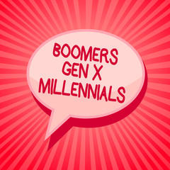 Handwriting text writing Boomers Gen X Millennials. Concept meaning generally considered to be about thirty years Pink speech bubble message reminder rays shadow important intention saying