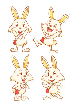 Set of cute cartoon rabbits with red money bag in different poses.