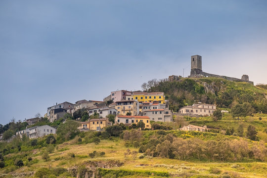 The village of Osilo, overlooking the fertile Anglona hills sloping down to the sea, province of Sassari , Sardinia, Italy.