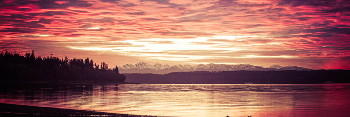 A panorama shot on the Pacific northwest with water in the foreground, an evergreen forest in the...