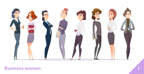 Business women character design collection. Modern cartoon flat style. Females stand together. Young professional females poses.