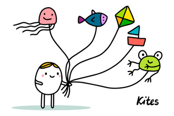 Kites hand drawn vector illustration in cartoon style. Happy kid standing with different toys