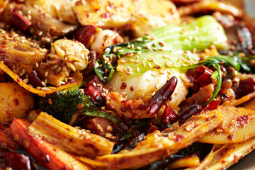 Korean spicy stir fried vegetables and seafood