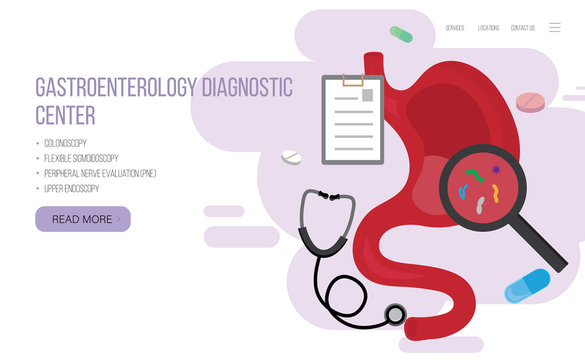 Gastroenterology web banner, landing page concept. Gastrointestinal diseases. Stomach examinations and treatment. Vector illustration
