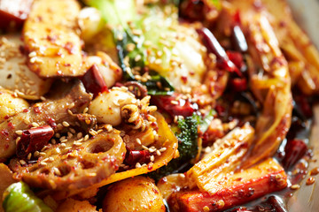 Korean spicy stir fried vegetables and seafood