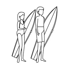 young couple with swimsuit and surfboard characters