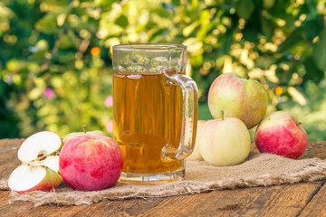 Picked apples and apple cider in glass goblet on wooden boards