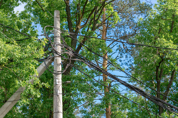 Post with wires in trees.