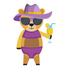 cute female bear with summer hat and cocktail