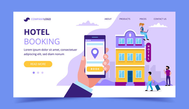 Hotel booking landing page template - illustration with small people doing various tasks.