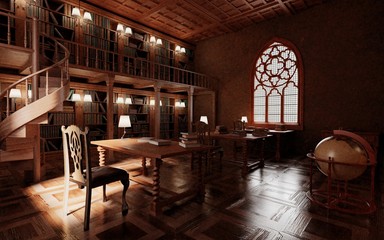 Realistic 3D Render of Old Antique Library