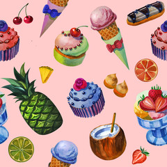 Watercolor pattern with tropical fruts, sweets and flowers. Seamless pattern