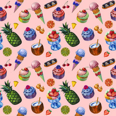 Watercolor pattern with tropical fruts, sweets and flowers. Seamless pattern