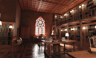 Fototapeta na wymiar Realistic 3D Render of Old Antique Library