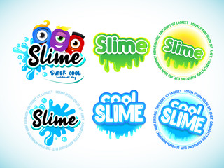Slime logotype templates set.  Cartoon monster characters. Liquid green and blue slime. Letters with blots, splashes and smudges. Glossy typeface. Drops slime isolated on white background